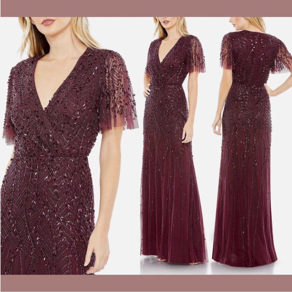 NWT $698 Mac Duggal [ 22 ] V-Neck Embellished Flutter Sleeve Gown Aubergine Q675